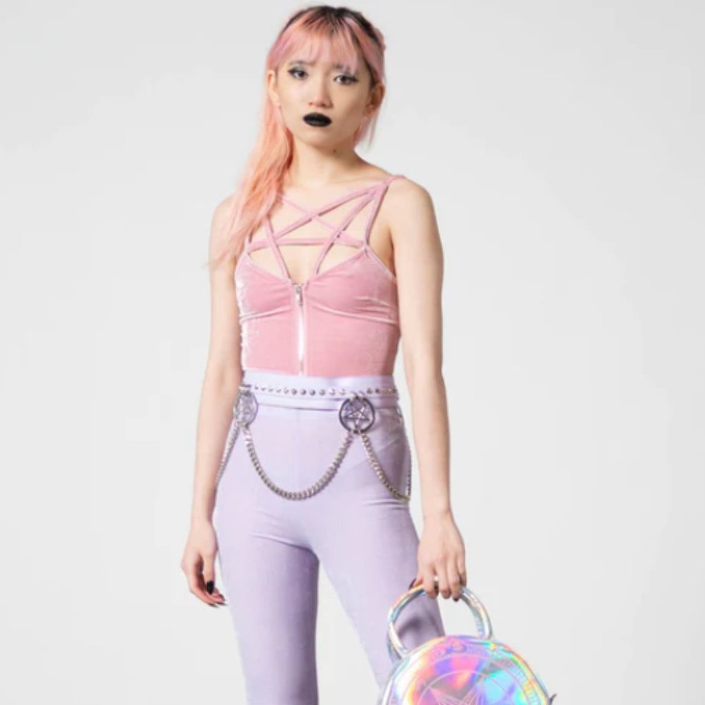 Killstar Pink Strappy Velvet Pentagram Crop Top